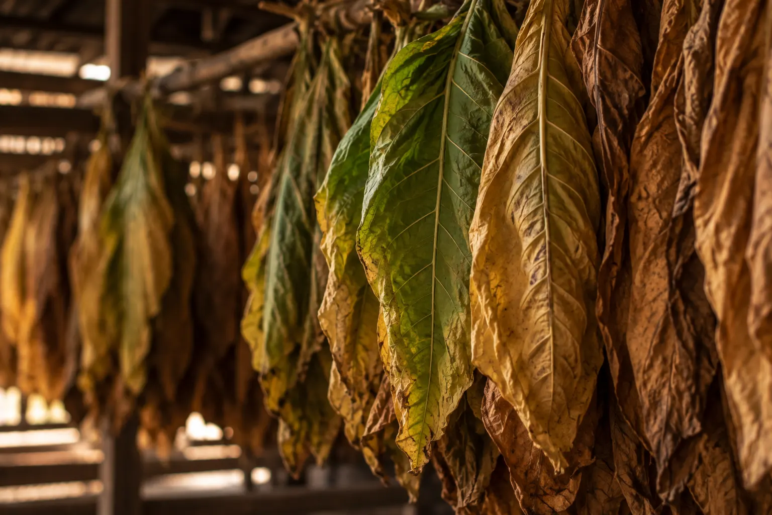 Tobacco leaves hanging to cure in a barn, from green to gold to brown