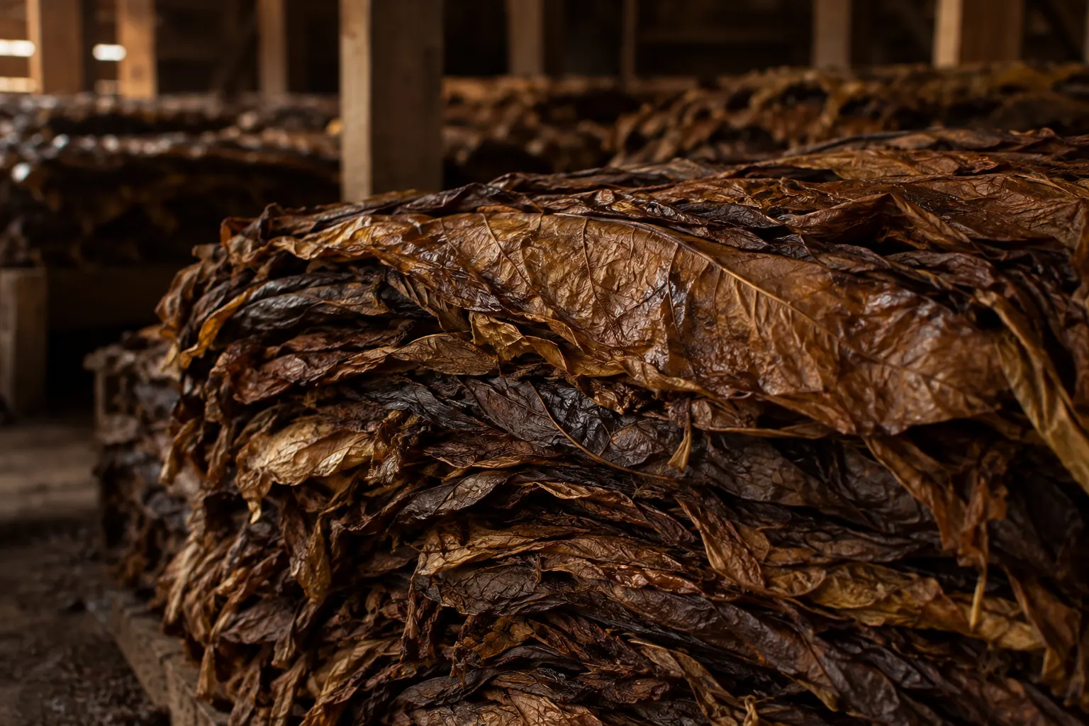 Close-up of a stack of fermented tobacco leaves