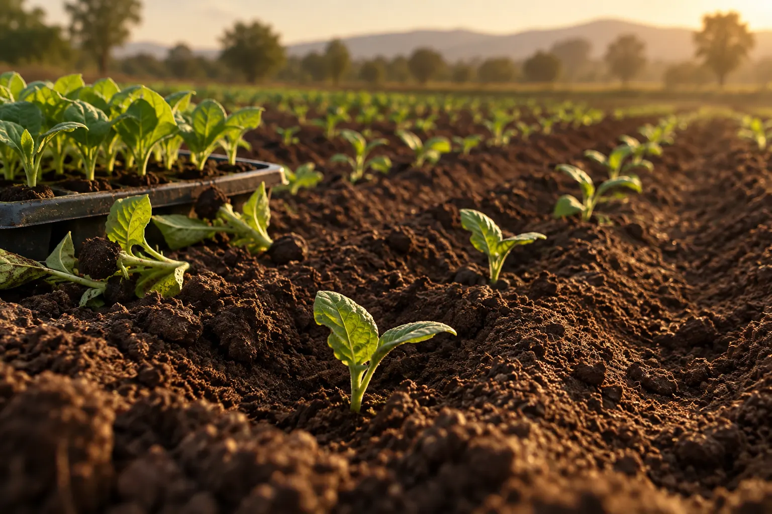 Tobacco seedlings in a tray and young plants in a freshly turned field at sunset