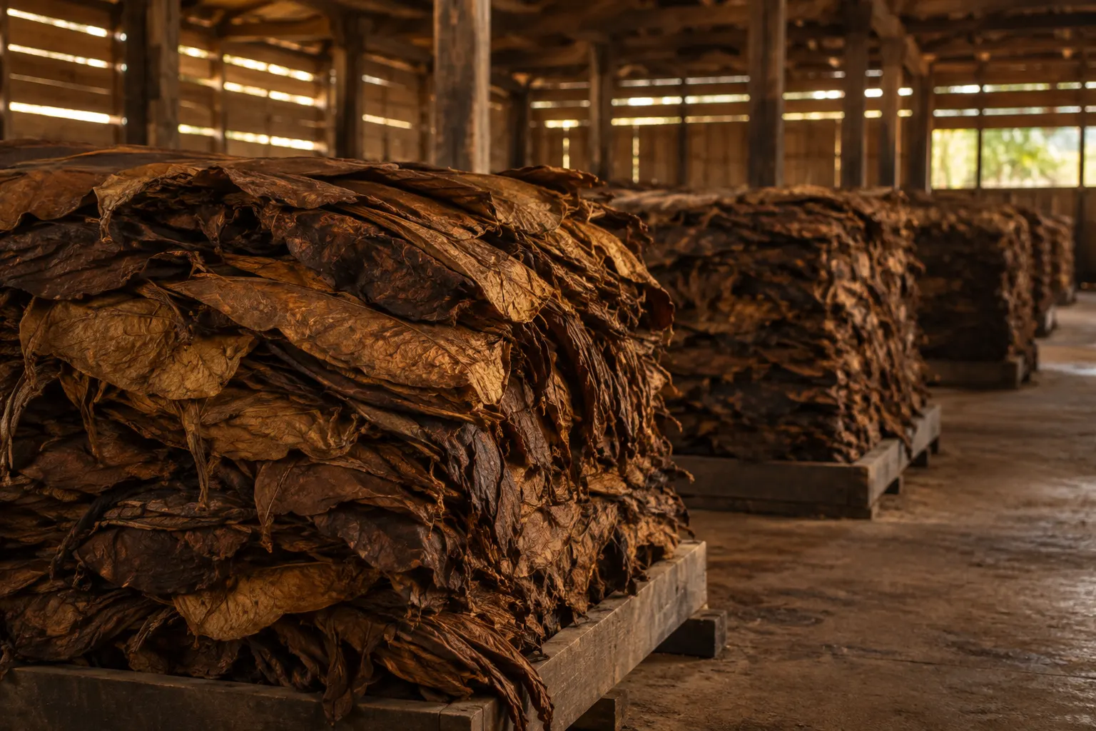 Stacks of tobacco leaves on wooden pallets in a storehouse