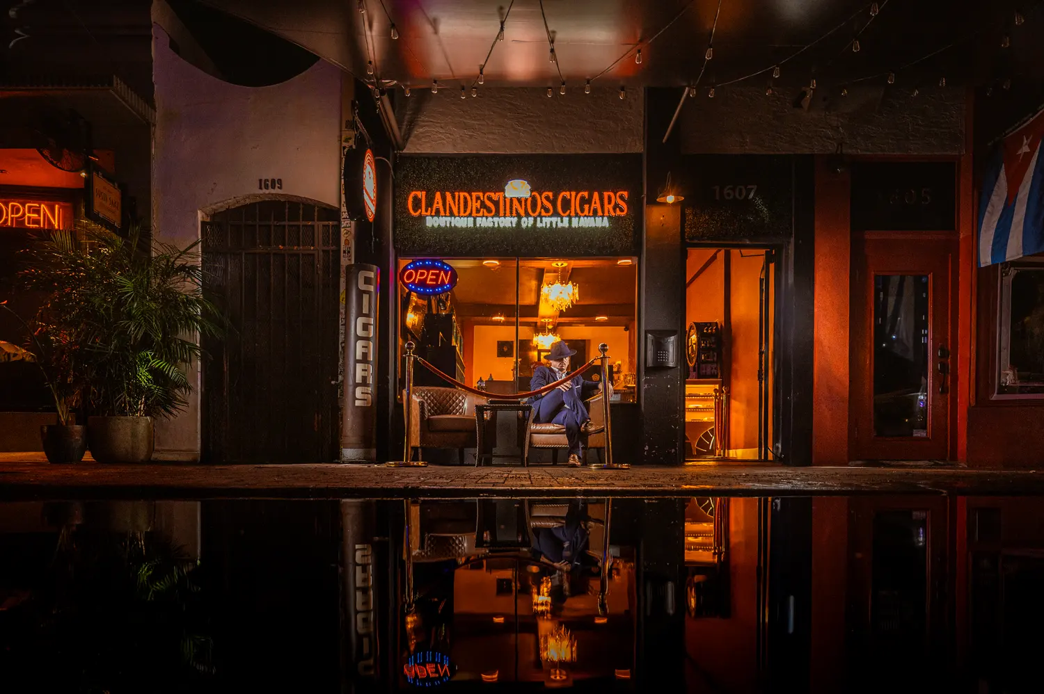 Clandestinos Cigars boutique in Little Havana at night