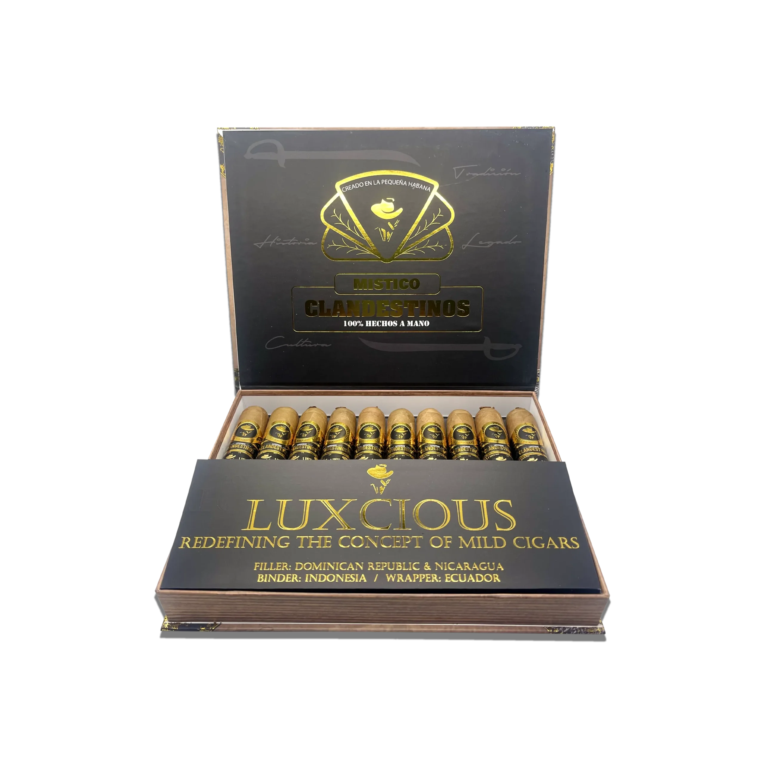 5-clandestinos-cigars-habano-mistico-cuban-boutique-cigar-wholesale-luxury-blend-open Without a doubt, this is the most enigmatic product of the Clandestinos lineup. At first, you encounter a smooth cigar with earthy notes. Then, it transitions to notes of cocoa and nuts without interfering with the joy of this magical creation. The Místico is the epitome of what the Luxcious Blend is: the favorite of many.