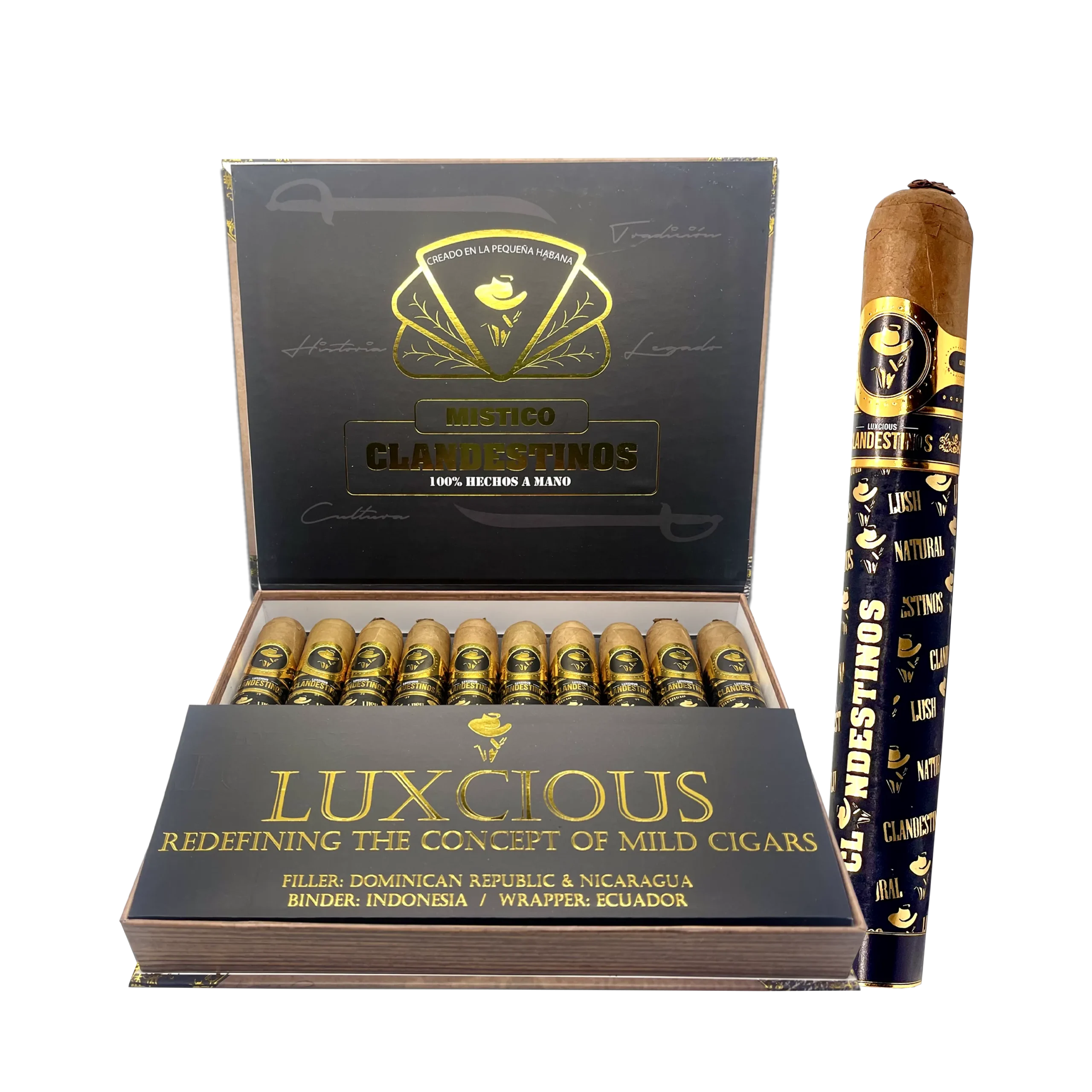 Without a doubt, this is the most enigmatic product of the Clandestinos lineup. At first, you encounter a smooth cigar with earthy notes. Then, it transitions to notes of cocoa and nuts without interfering with the joy of this magical creation. The Místico is the epitome of what the Luxcious Blend is: the favorite of many.